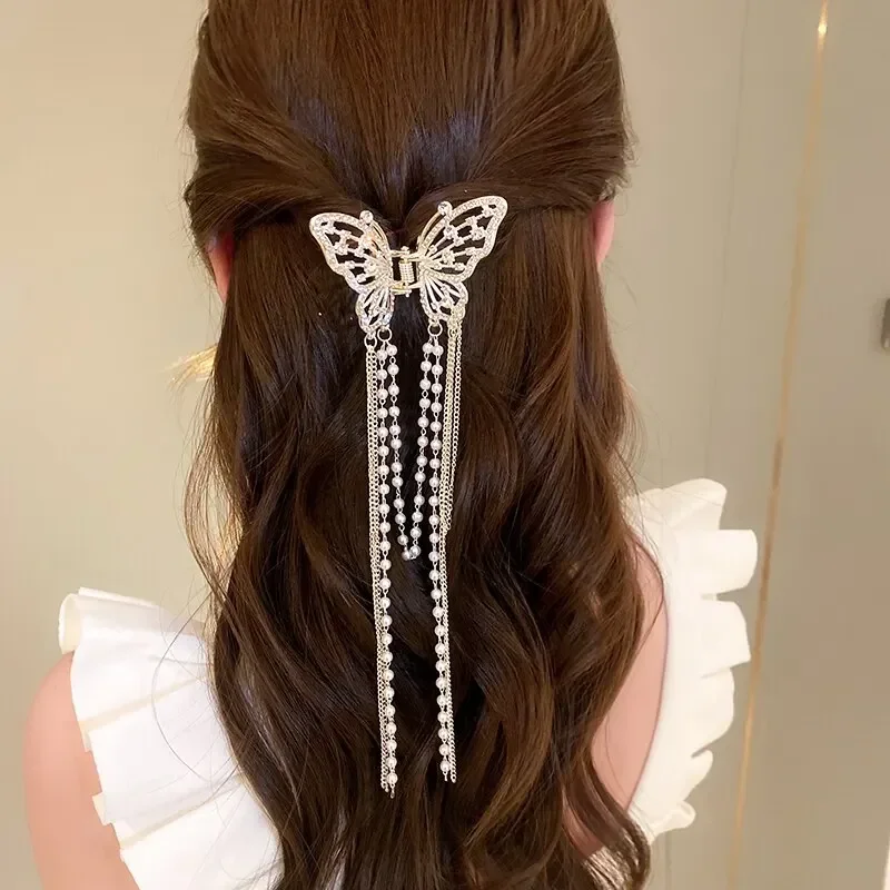 Imitation Pearl Butterfly Long Tassel Hair Claws for Women Elegant Rhinestones Shark Clips Half Tie Charms Hairpins Accessories image 4