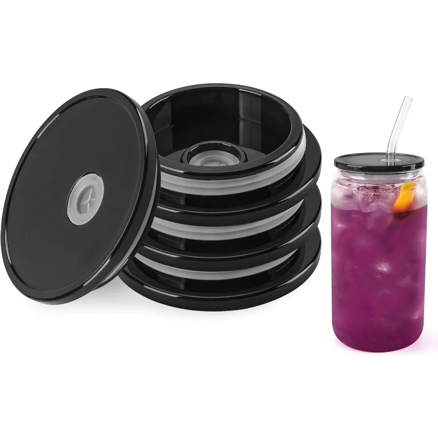 

4 Pack Acrylic Lids for 16 oz Glass Cups with Bamboo Lids and Straws Reusable Iced Coffee Cup Beer Can Drinking Glasses for Smo