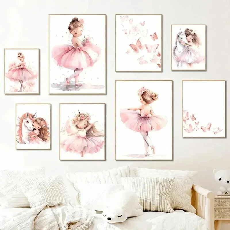 Custom Name Pink Wall Art Canvas Paintings Ballerina Girl Unicorn Butterfly Kids Room Decor Nursery Poster Pictures Wall Decor