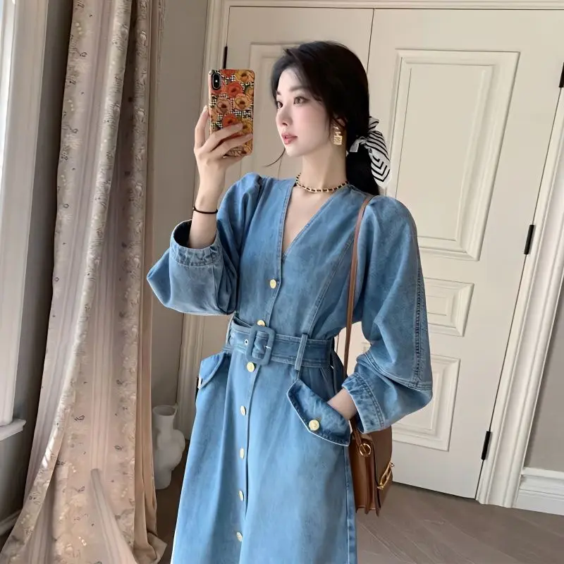 Fat Mm Look Slimmer Sense of Advanced Method A-line Dress Temperament Denim Dress Female Pretty New Spring and Autumn Models