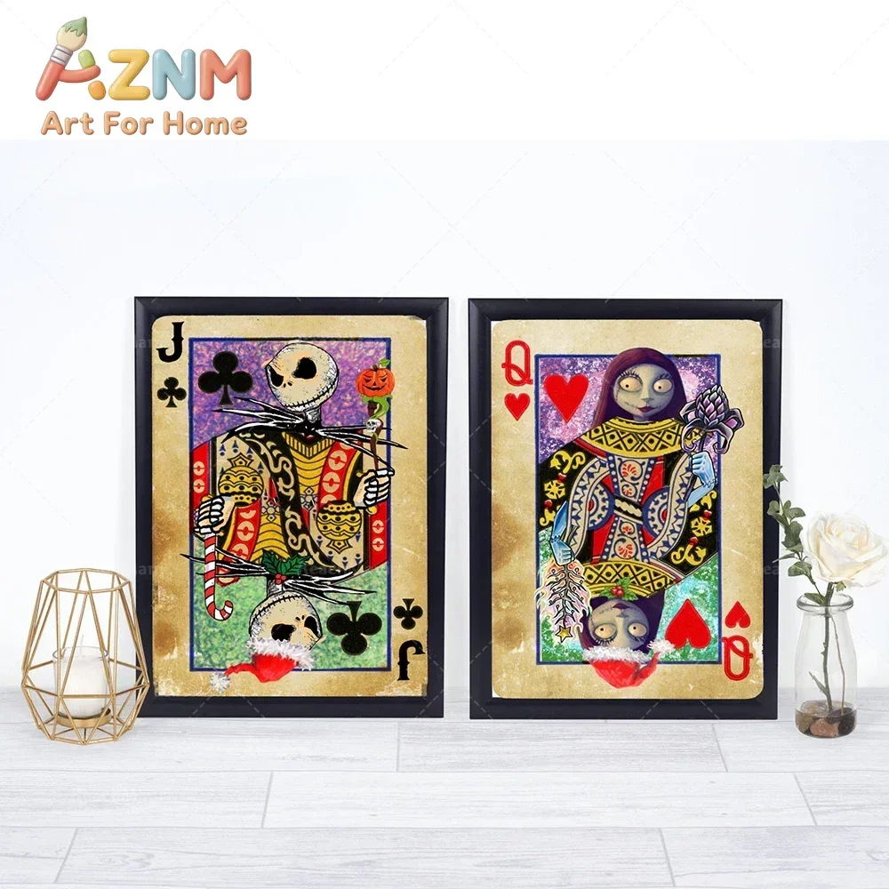 Jack and Sally Poker Card Canvas Wall Art,Nightmare Before Christmas Retro Playing Card Print,Gothic Halloween Art for Room Deco