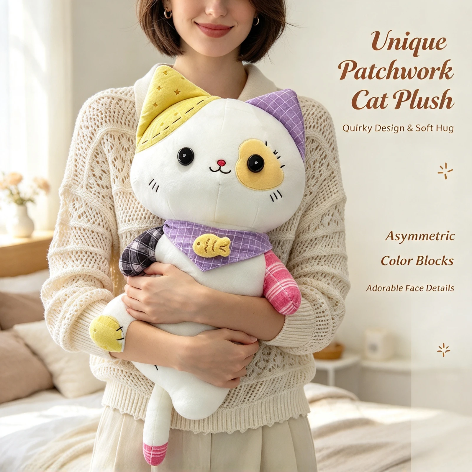 40cm Patchwork Cat Plush Toy, Stuffed Animal Soft Pillow Kawaii, Doll Bed Sleep Cushion Birthday, Christmas Gift For Kids Girls
