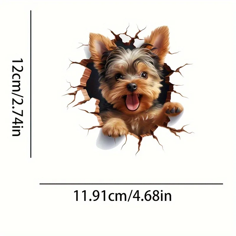 Realistic Fur Texture Yorkshire Terrier Stickers, Crack Wall Decals, Durable PE Material for Car Laptop Decor