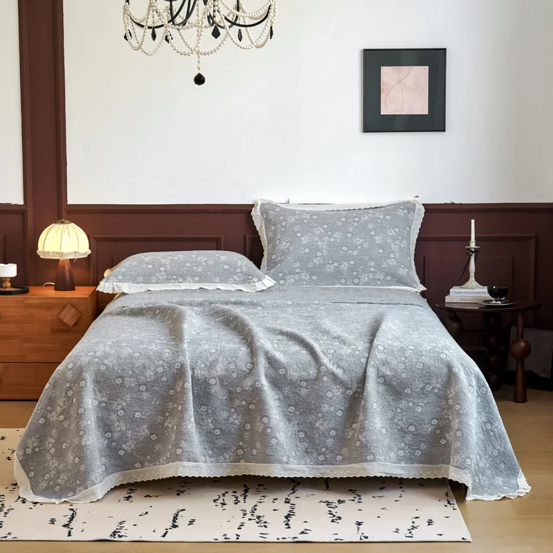 3-Piece Cotton Jacquard Quilt Bedspread Set | Summer Lightweight Coverlet w/ Lace Trim | Solid Color Sofa & Bed Blankets