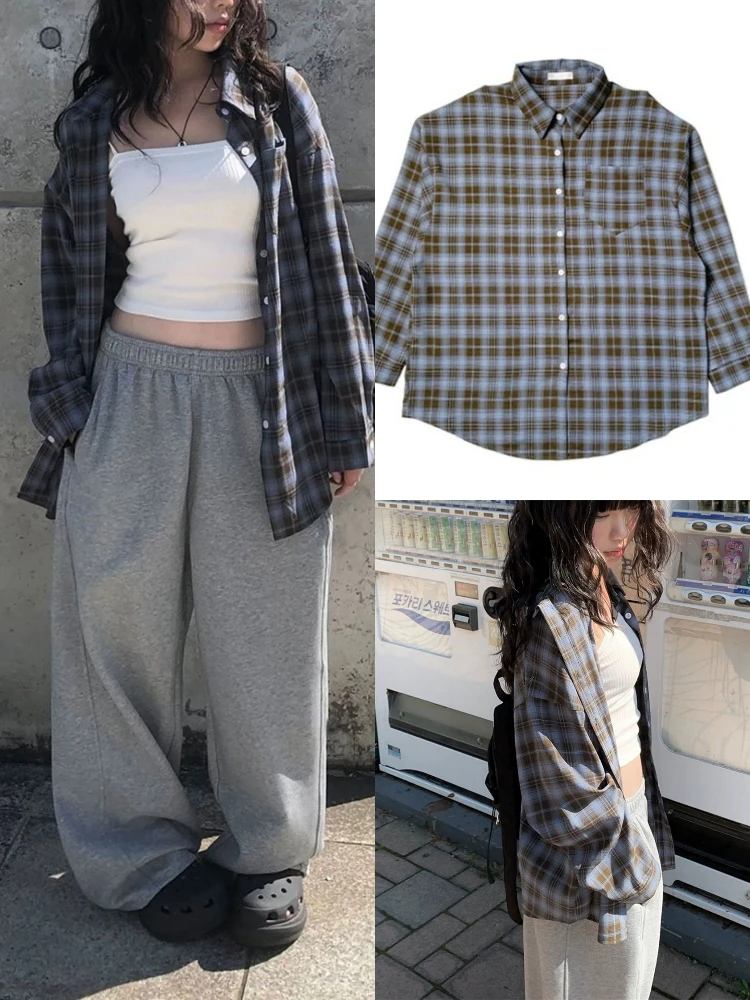 

American Lazy Sle Loose irt Women's Faion Versatile Outerwear Top Qui very Spring Dongdaemun Che Pattern Long S...