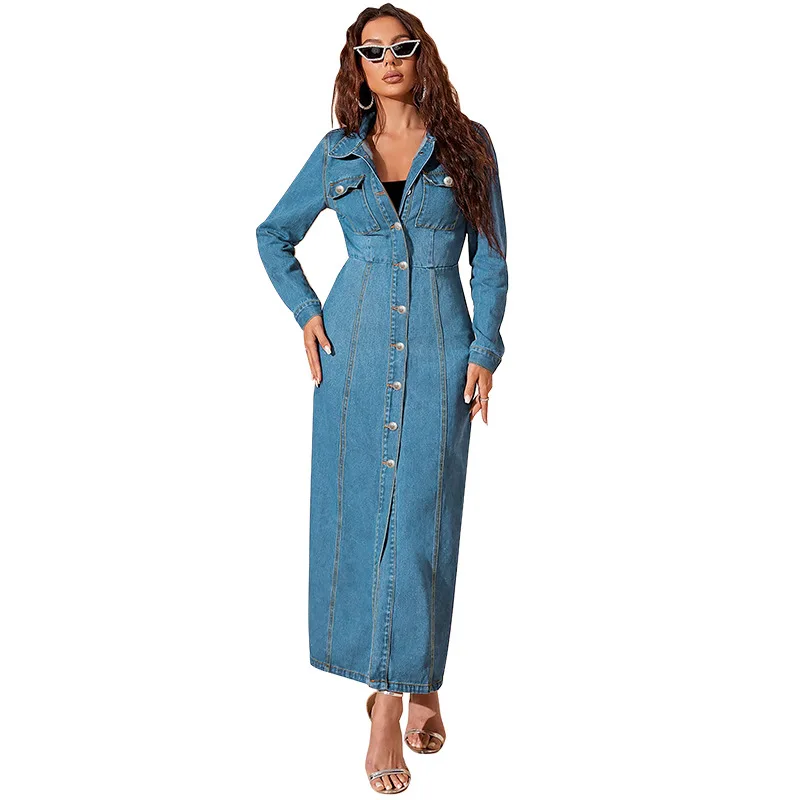 

New Women Single Breasted Turn Down Collar Solid Loose Pockets High Street Distressed Denim Dress Washed Ankle Length Dresses