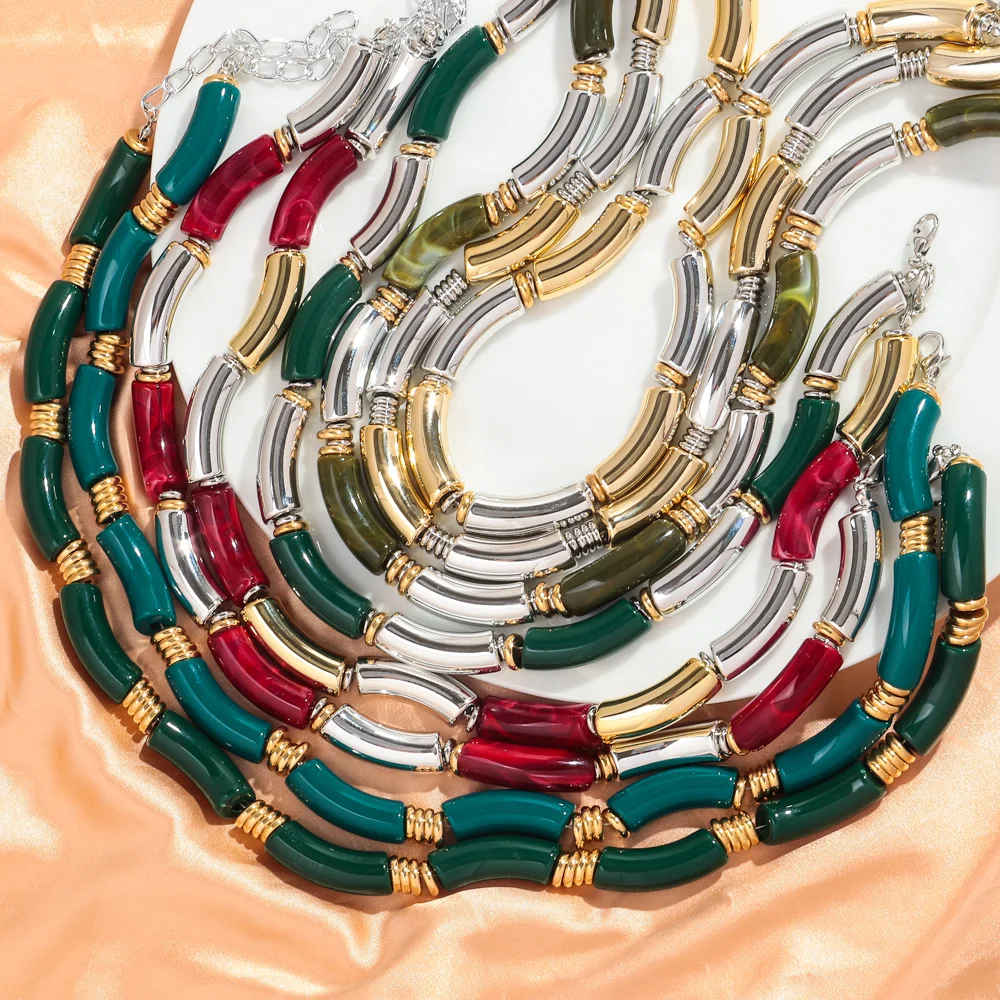 Neue bunte klobige Bambusrohr-Perlen-Acryl-Halsband für Frauen und Männer, Statement-Ellenbogenstapel-Halskette, französischer trendiger Schmuck, Geschenk – Detail 7