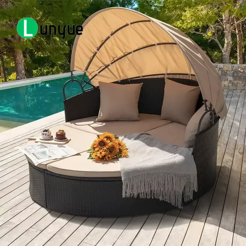 PE Rattan Outdoor Sunbed Round Garden Furniture Set Modern Design For Hotel Bathroom Leisure Terrace Weather Resistant