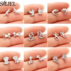 SMJEL Mini Stainless Steel Animal Stud Earrings for Women Dinosaur Eagle Shark Horse Lizard Earings Piercing Jewelry Xmas Gifts