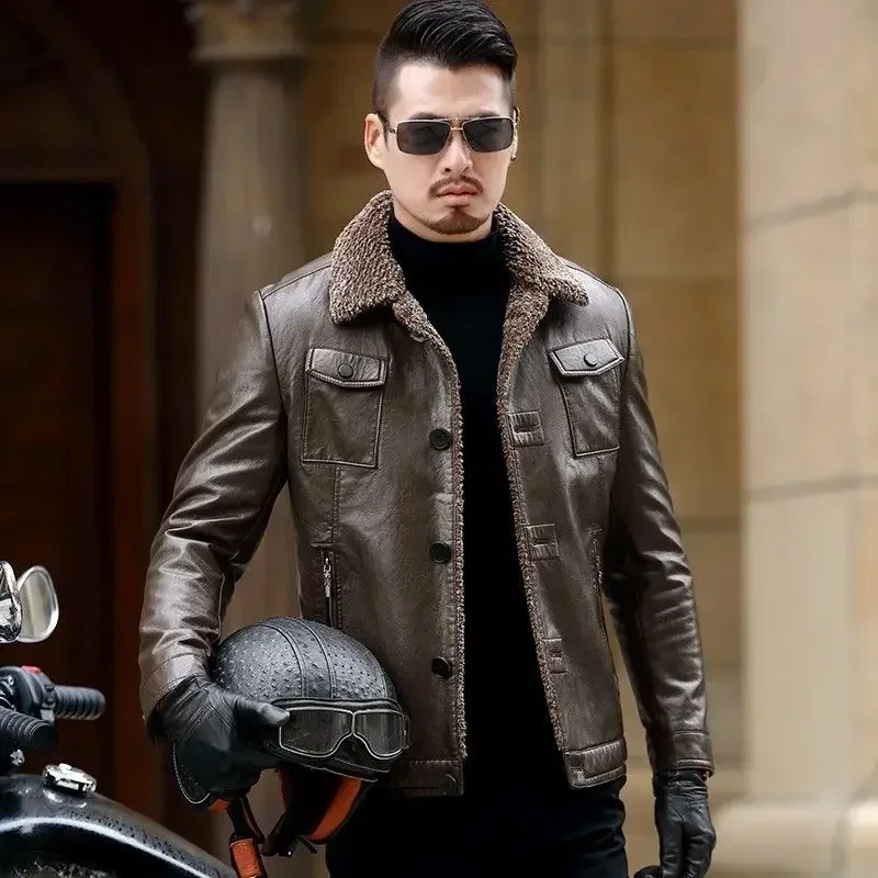 Middle-Aged Men Leather Coat Winter Fleece-Lined Thicken Solid Color Outwear Men Fashion Casual Large Size Lapels Leather Jacket