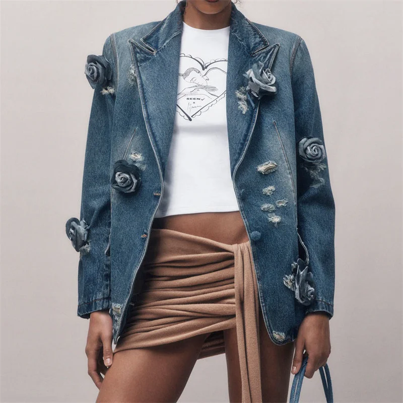 

Jackets for women 2024 Spring outerwears 3D Flower Decoration Women's Denim Coat Vintage Distressed Pure cotton long sleeved top