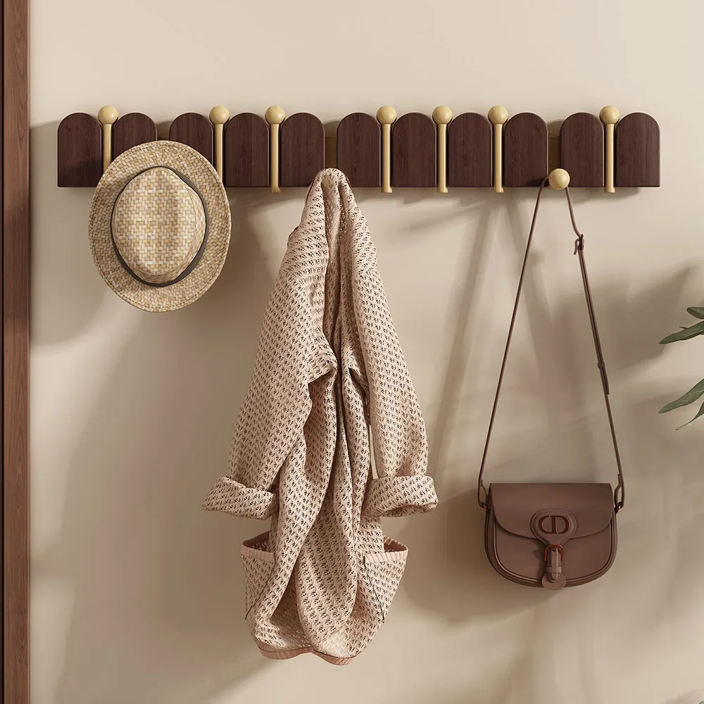 5/7/9 Hooks Entryway Hat Bag Storage Wood Wall Hook Foldable Hidden Coat Rack Punch Free Walnut Color Clothes Hanger Home Decor