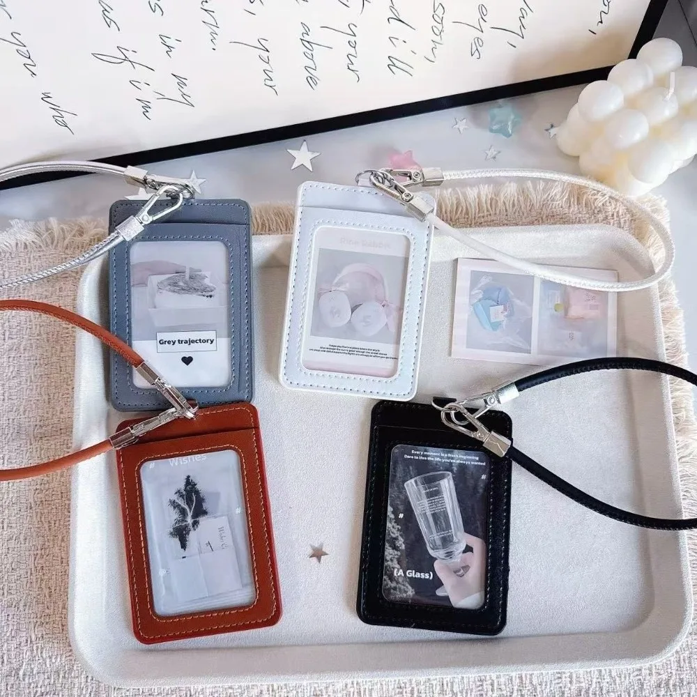 Minimalist PU Leather Card Holder Dual-Slot With Hand Wrist Strap Card Case Bus Meal Card Holder Access Control Card