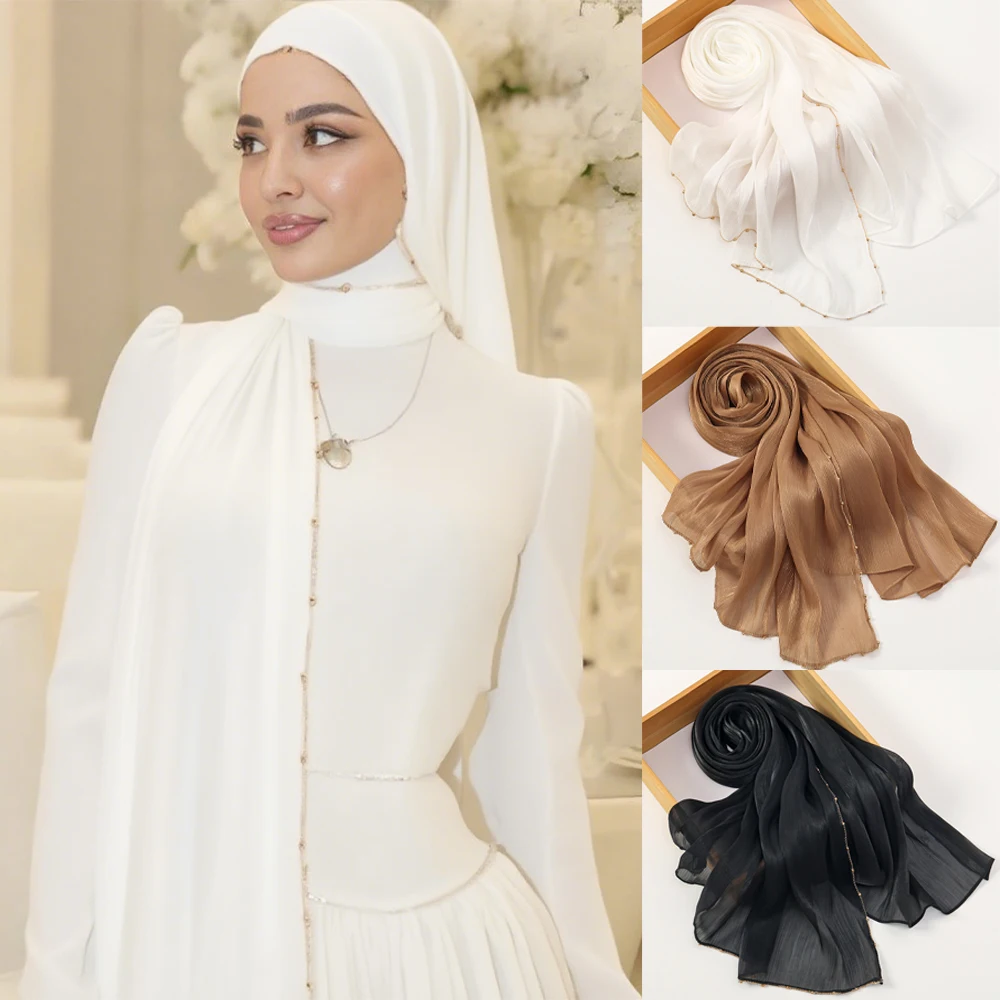 

Мусульманский женский хиджаб, однотонный остров, шелковый модный металлический декоративный шарф с цепочкой, стильный длинный шарф, шарф, дышащий мягкий женский длинный шарф-шаль 180*75 см