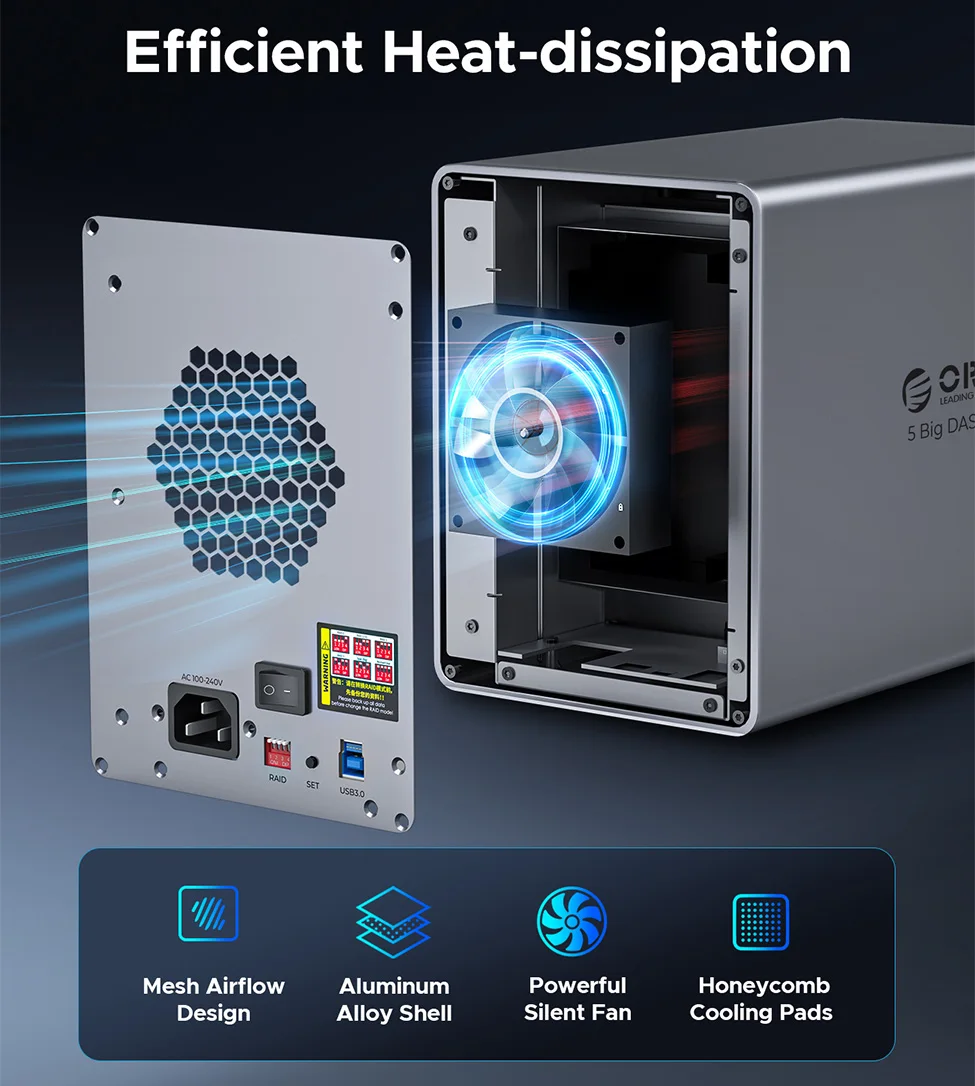 ORICO Estación de acoplamiento de disco duro 7 RAID 2,5/3,5 "SATA HDD SSD carcasa 150W USB 3,0 5Gbps DAS ventilador de refrigeración de aluminio para PC portátil