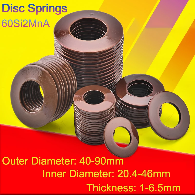 1/3/5/10pcs 60Si2Mn Belleville Compression Spring Washer Disc Spring Outer Diameter 40-90mm Inner Dia20.4-46mm Thickness 1-6.5mm
