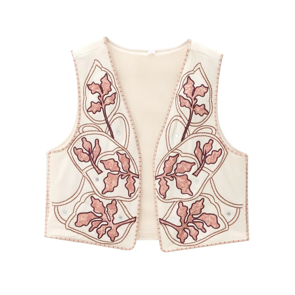 PB&ZA 2024 Early Autumn New Women\'s Fashion Classic Mirror Effect Decorative Embroidered Sleeveless Vest