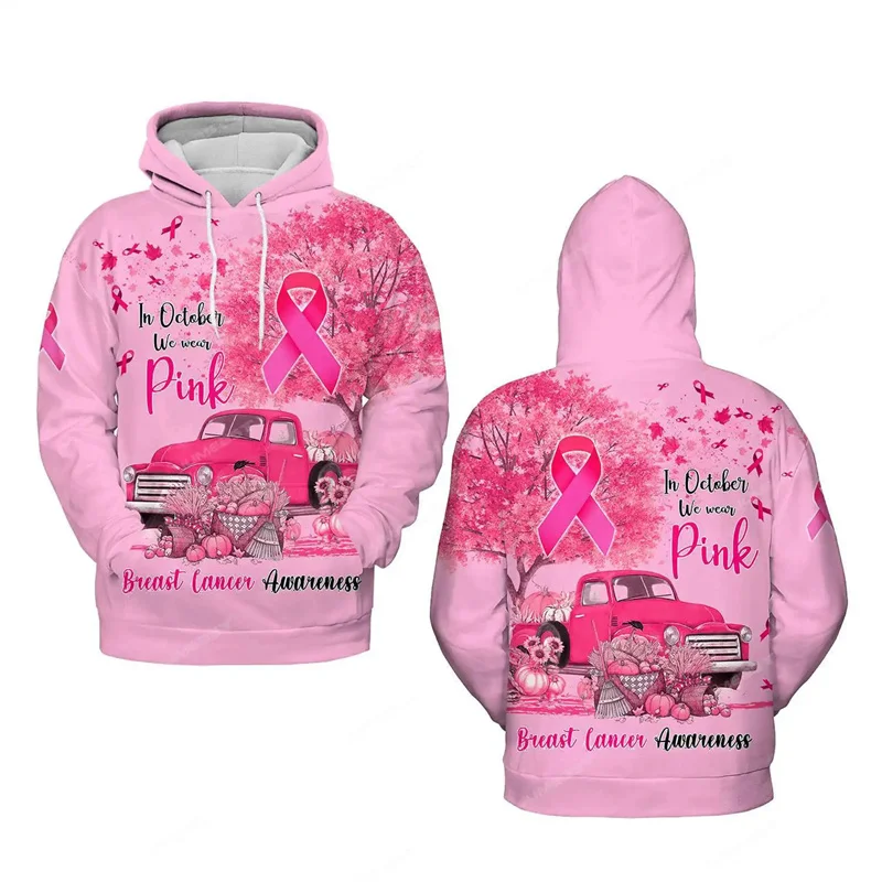 October Pink Ribbon Graphic Sweatshirts Breast Cancer Awareness 3D Printed Hoodies For Women Clothing Sport Pullovers Hoody Tops