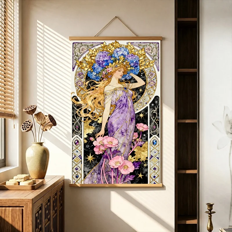 Wall Decorations Blue Hydrangea Floral Garden, Art Nouveau Pearlescent Canvas Hanging Scroll Decor for Boutique Guesthouse