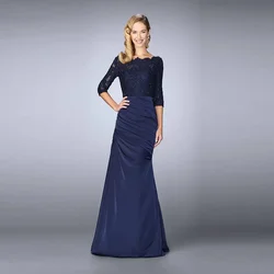 Navy Blue Mother Of The Bride Dresses Boat Neck Half Sleeve Mermaid Party Dress Lace Appliques Pleat Satin Prom Gown