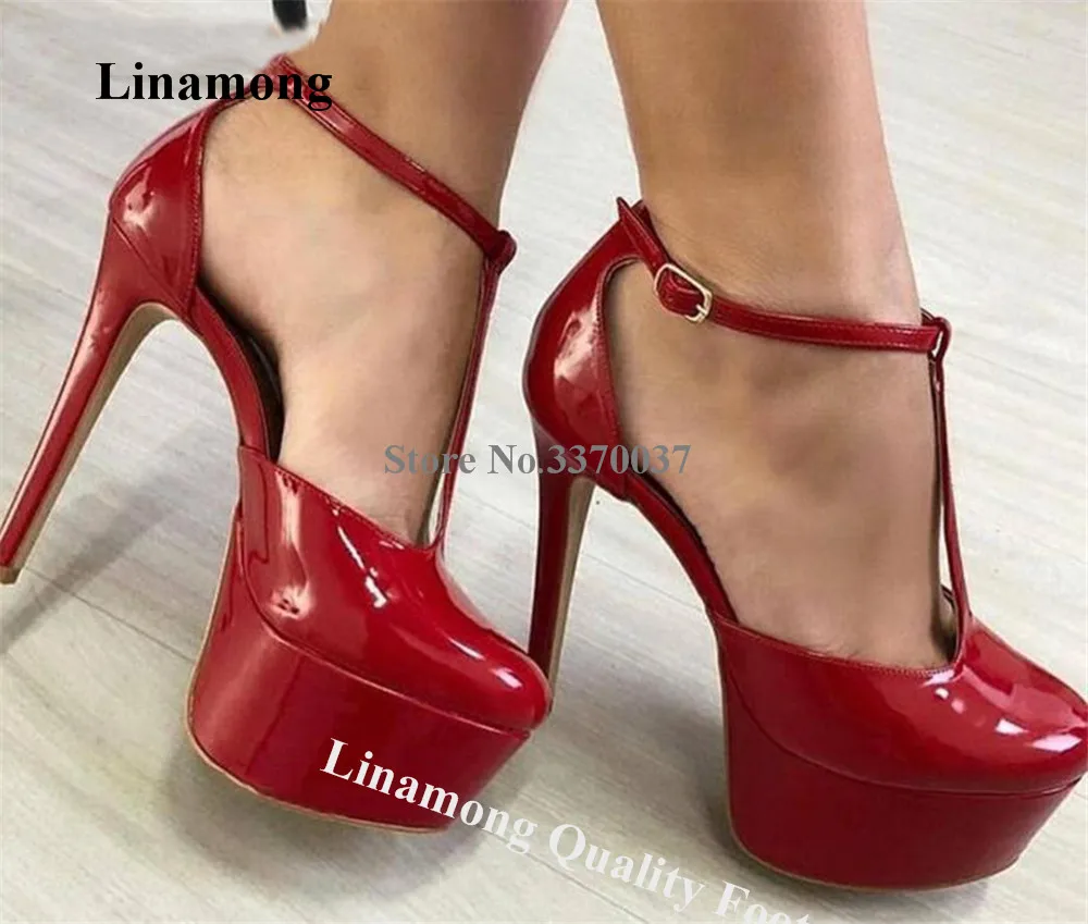 

Linamong Patent Leather T-strap Thin Heel Pumps Round Toe Red Nude Black Stiletto Heel Ankle Strap Shoes Party Heels