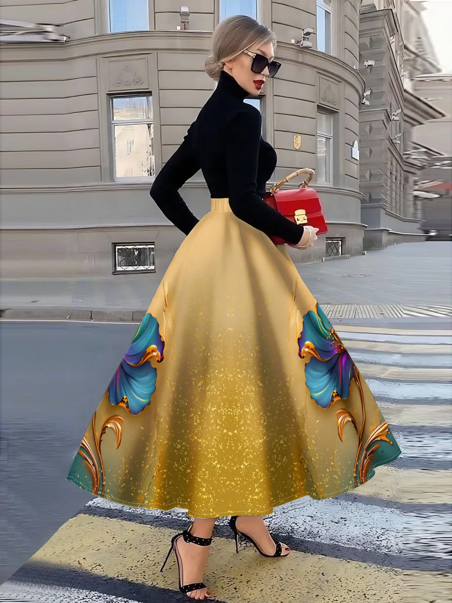 Printed Design Four Seasons Leisure Style Blue Flower Gold Half Skirt