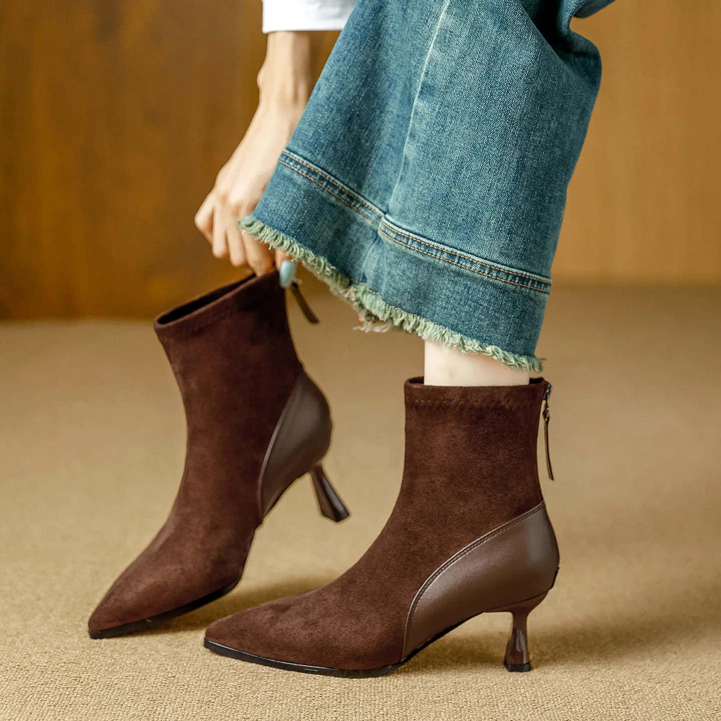 

Short boots for women with slim heels 2026 new pointed French suede patchwork women's midsole boots