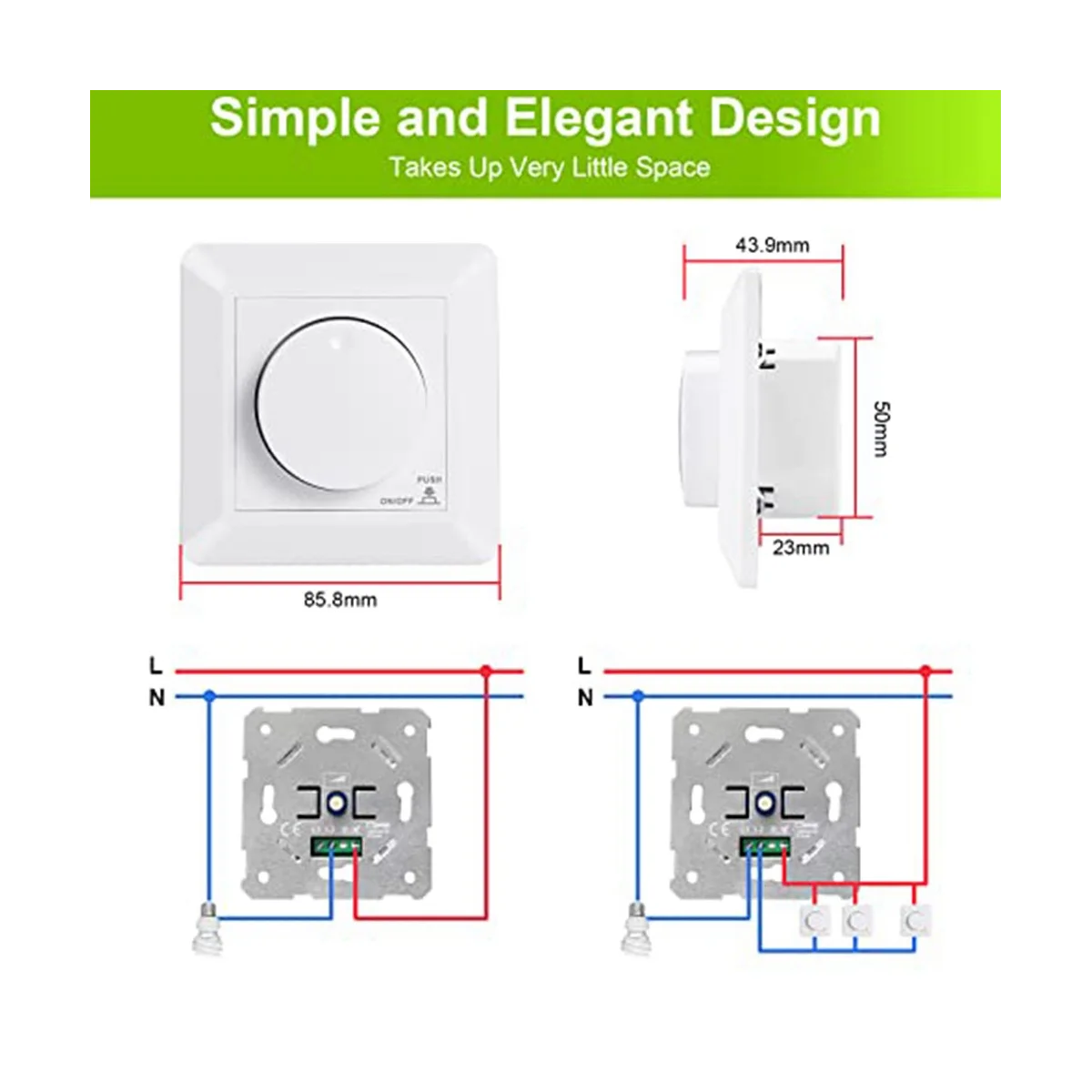 LED Dimmer Switch, Flush-Mounted Dimmer for Dimmable LED and Halogen, 5-300 W Dimmer Switch LED, Phase Control Dimmer