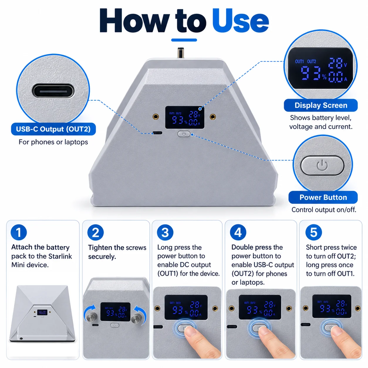 Starlink Mini Battery Pack 129.5Wh 5+ Hours Runtime Portable Power Bank USB C PD 45W DC Output LCD Display Outdoor Camping