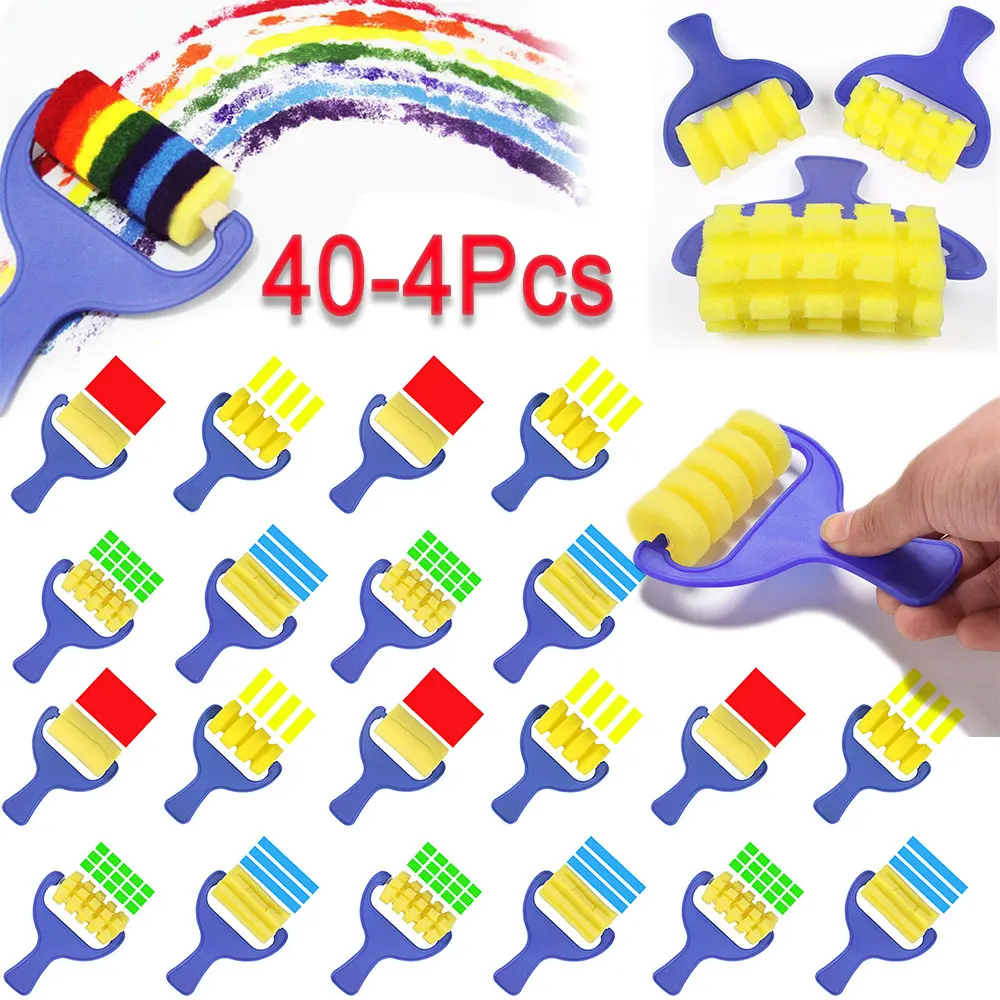 40-4Pcs Sponge Paint Brush Roll DIY Children Plastic Handle Kids Painting Graffiti Toy Art Drawing Roller School Stationery