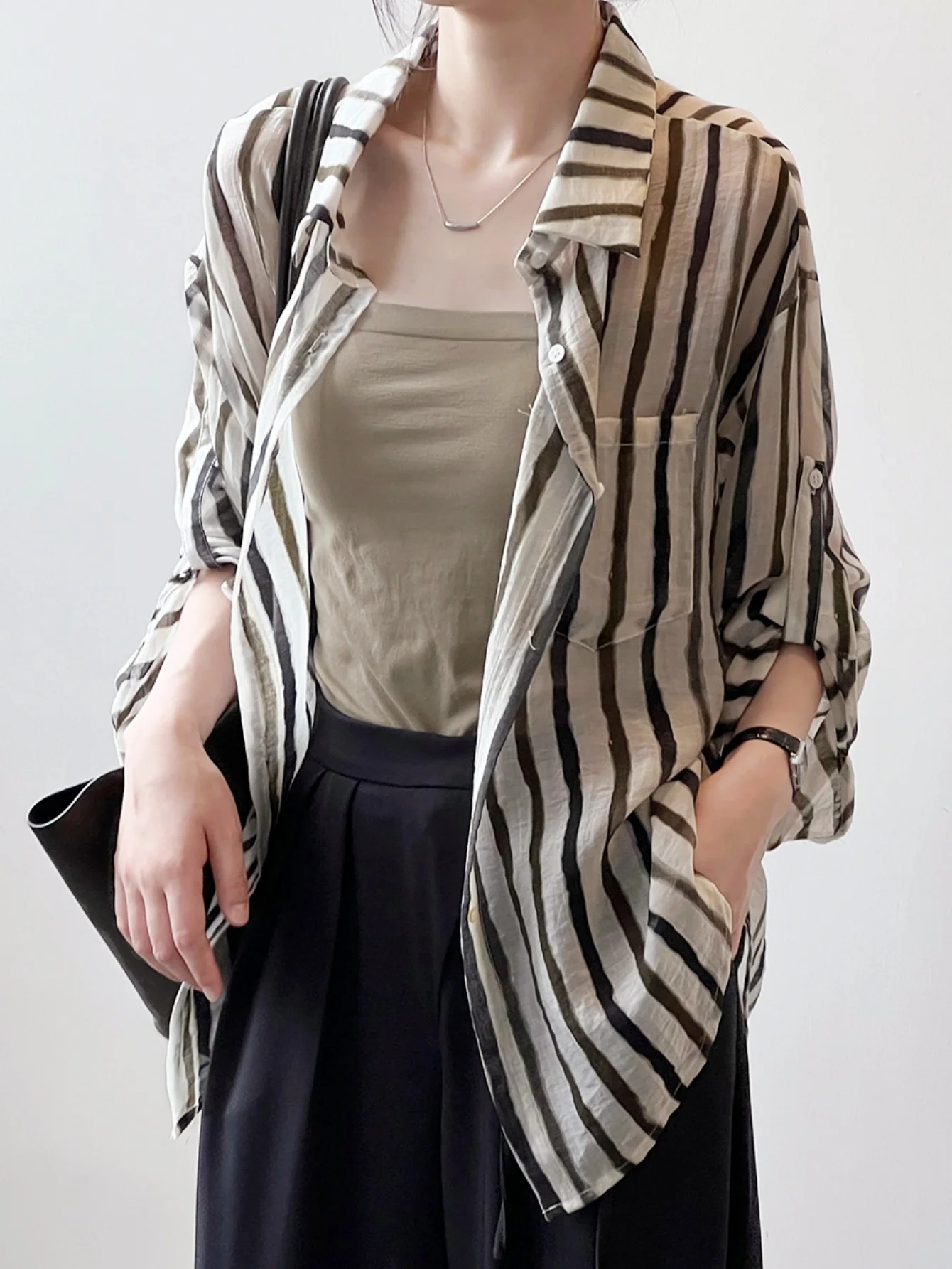 Women Oversized Striped Sheer Blouse Lapel Long Sleeve Roll Tab Button Down with Pocket Casual Sun Protection Summer Ladies