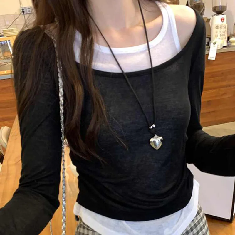 Spring New Fake Two Pieces Contrast Color T-shirts Women Off Shoulder Long Sleeve Base Tops Female Pleated Slim Tees