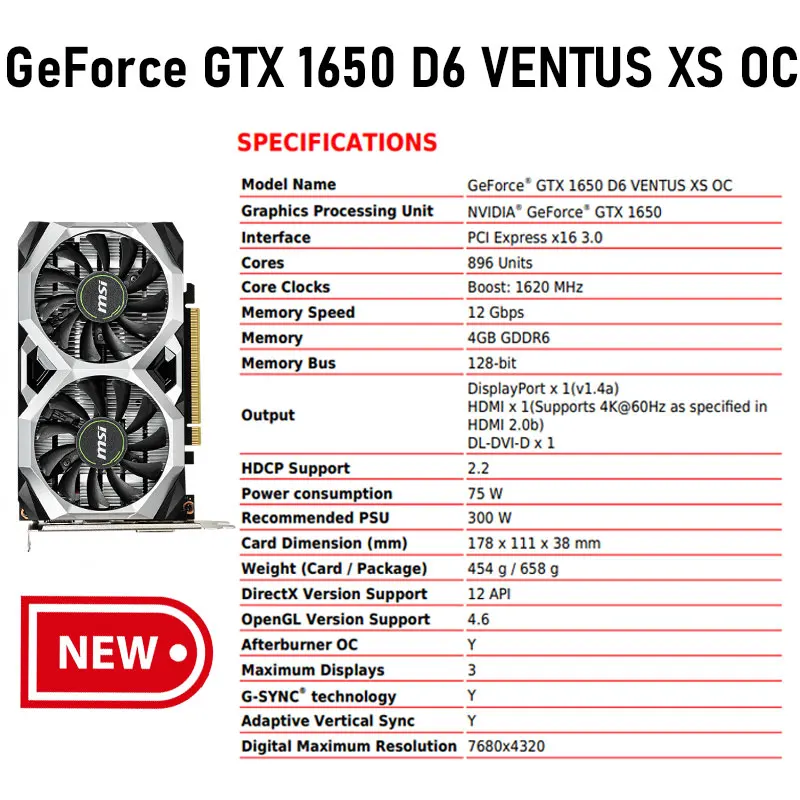 Msi geforce gtx 1650 ventus xs oc 12nm 4g gddr5 gddr6 placas de vídeo de 128 bits 1650 gpu 4gb d5 d6 placa gráfica para cpu desktop novo