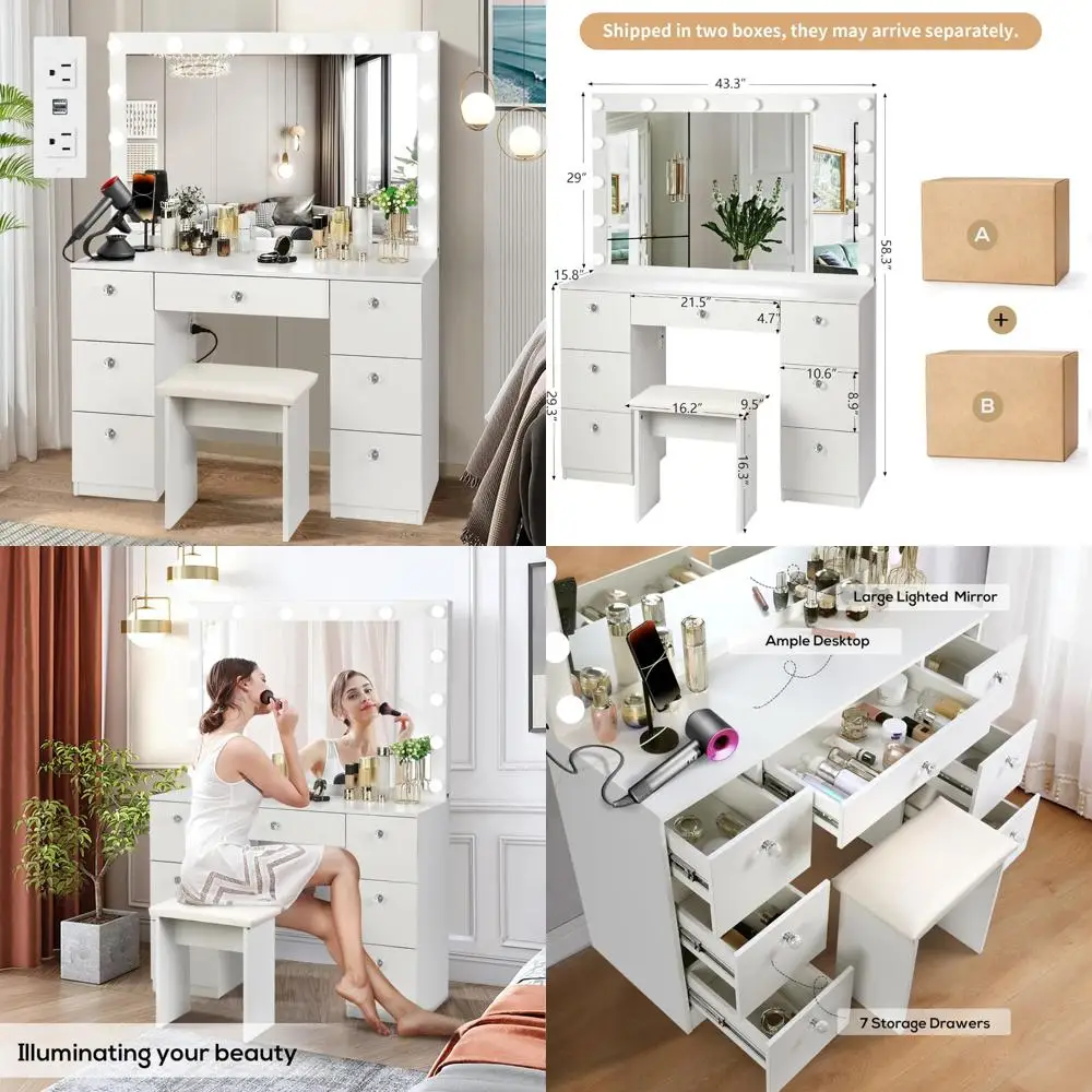 Illuminated Makeup Vanity Desk with Power Outlet, LED Lighting and Adjustable 3-Color Brightness Settings