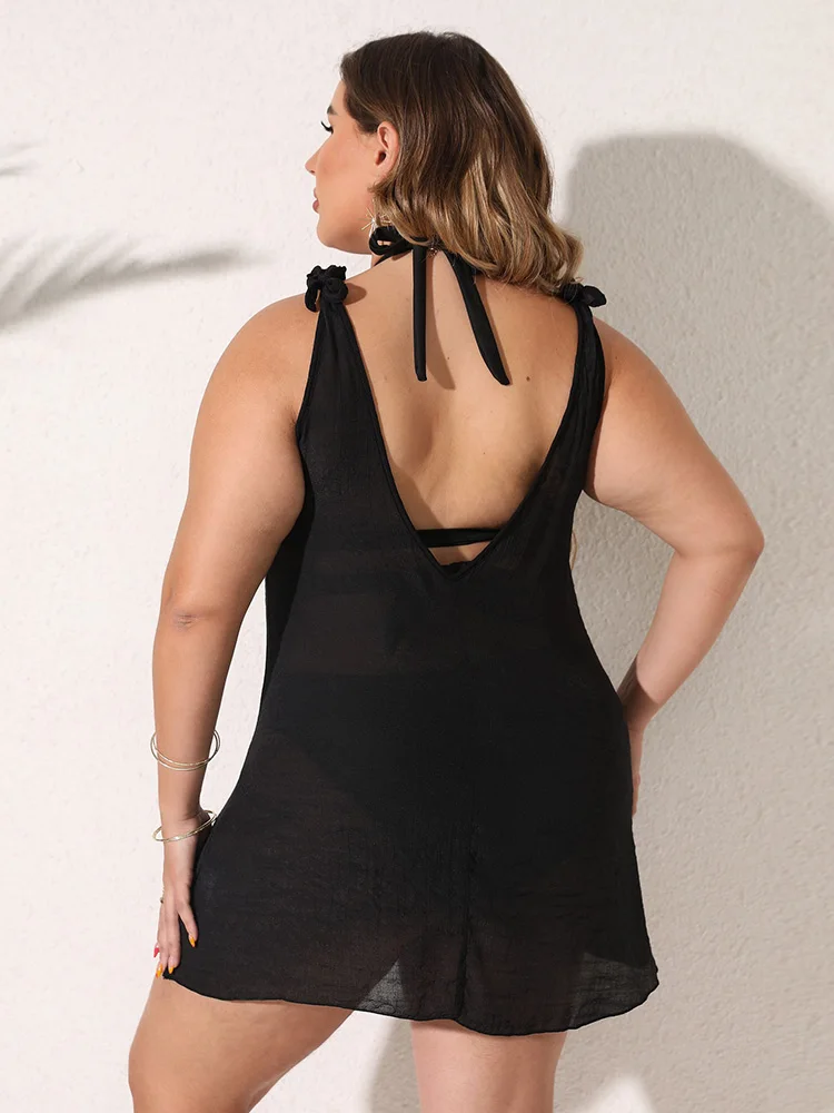 GIBSIE Plus Size Black Sexy Tie Backless Bikini Cover Up Women Summer 2024 Holiday Beach Dress Ladies Tunic Swimsuit Cover-ups