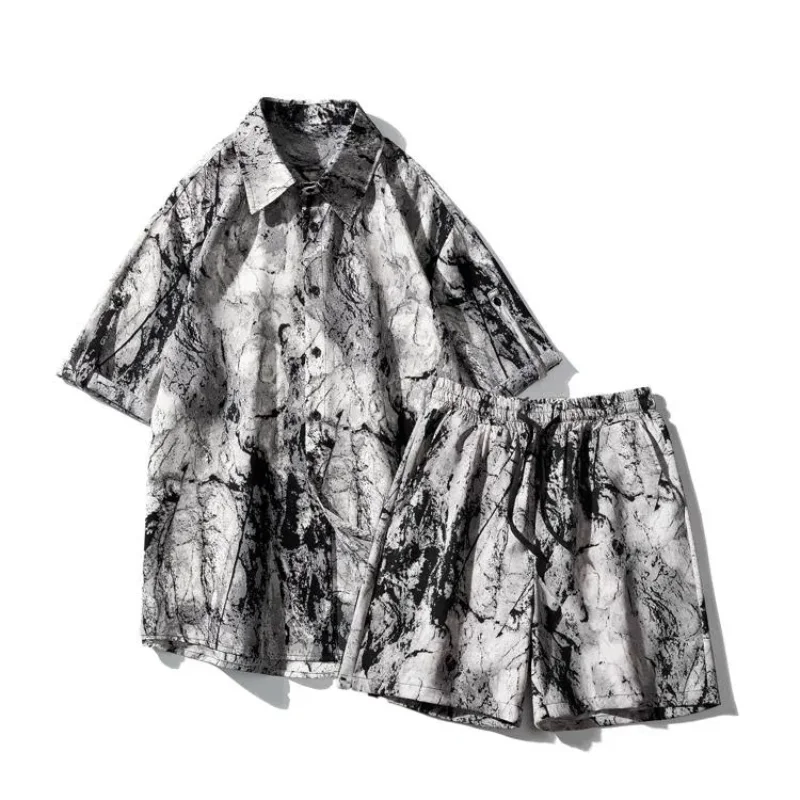 

Ink Tie Dye Casual Suit Men's Shirt Short-sleeved Summer Loose Shorts Handsome Ice Silk Advanced Two-piece Set Conjuntos Hombre