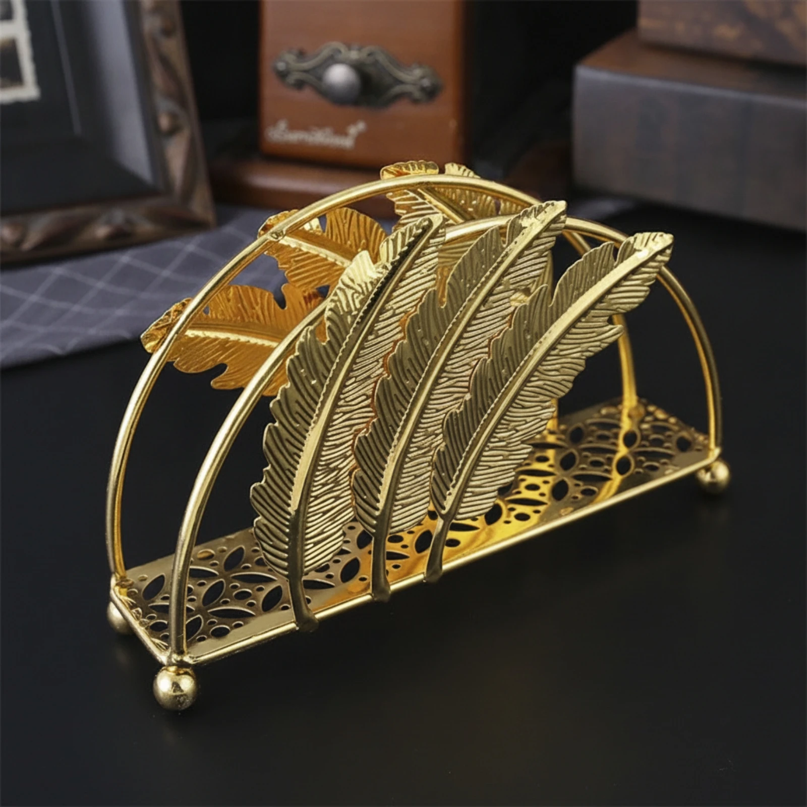 Tissue Holder with Feather Panels Metal Freestanding Napkin Holder Standing Napkin Dispenser Elegant Sturdy for Dining Table