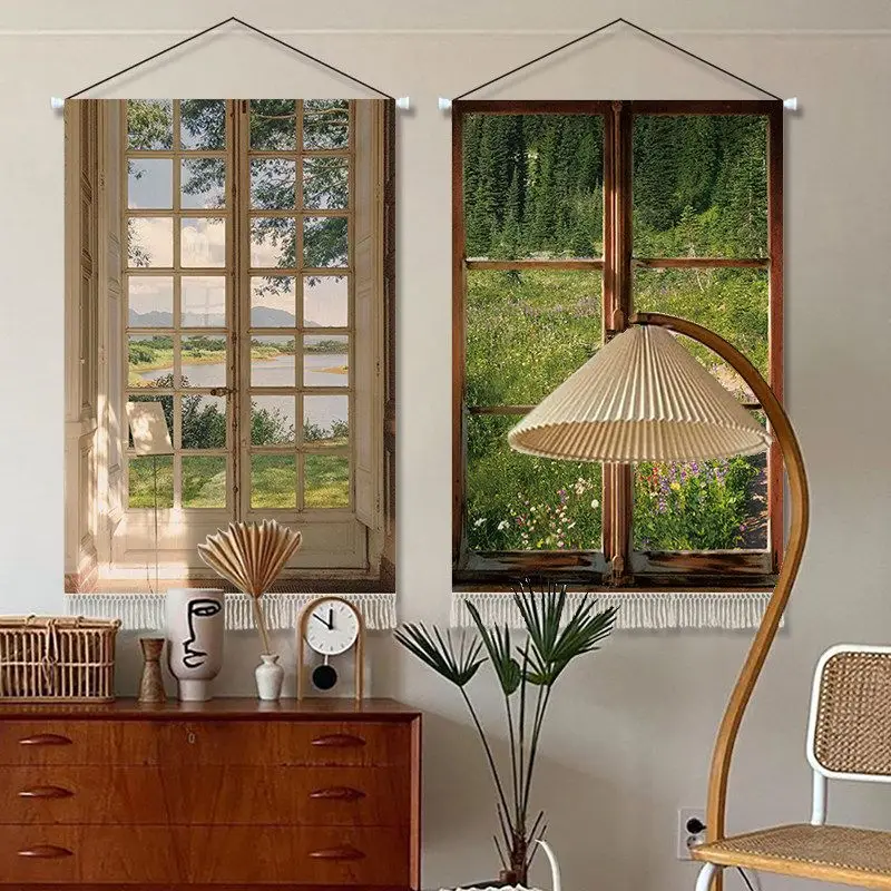 VIKAMA Fake Window View Tapestry Wall Hanging Landscape Scenery Wall Art for Bedroom Living Room Decor