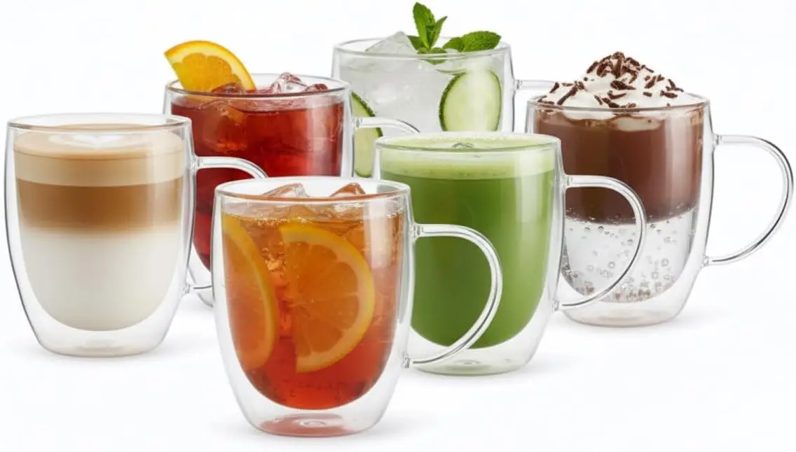 

Double Wall Glass Coffee Mugs, 12oz Clear Tea Cups with Handle, Heat Resistant Set of 6