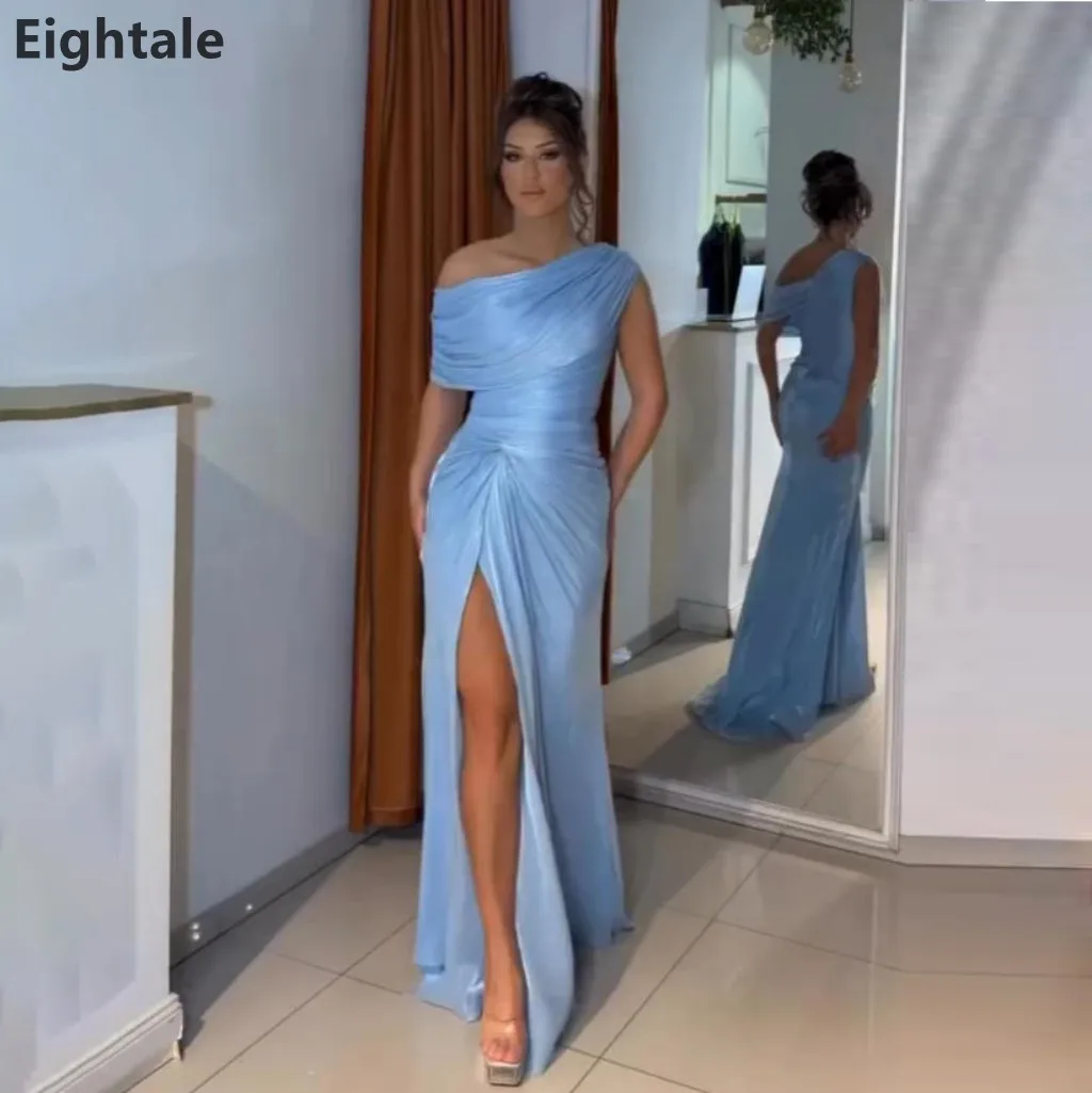 2026 Eightale Sky Blue One Shoulder Evening Dress Shimmer Chiffon Ruched Mermaid Dubai Formal Party Prom Gown Customized