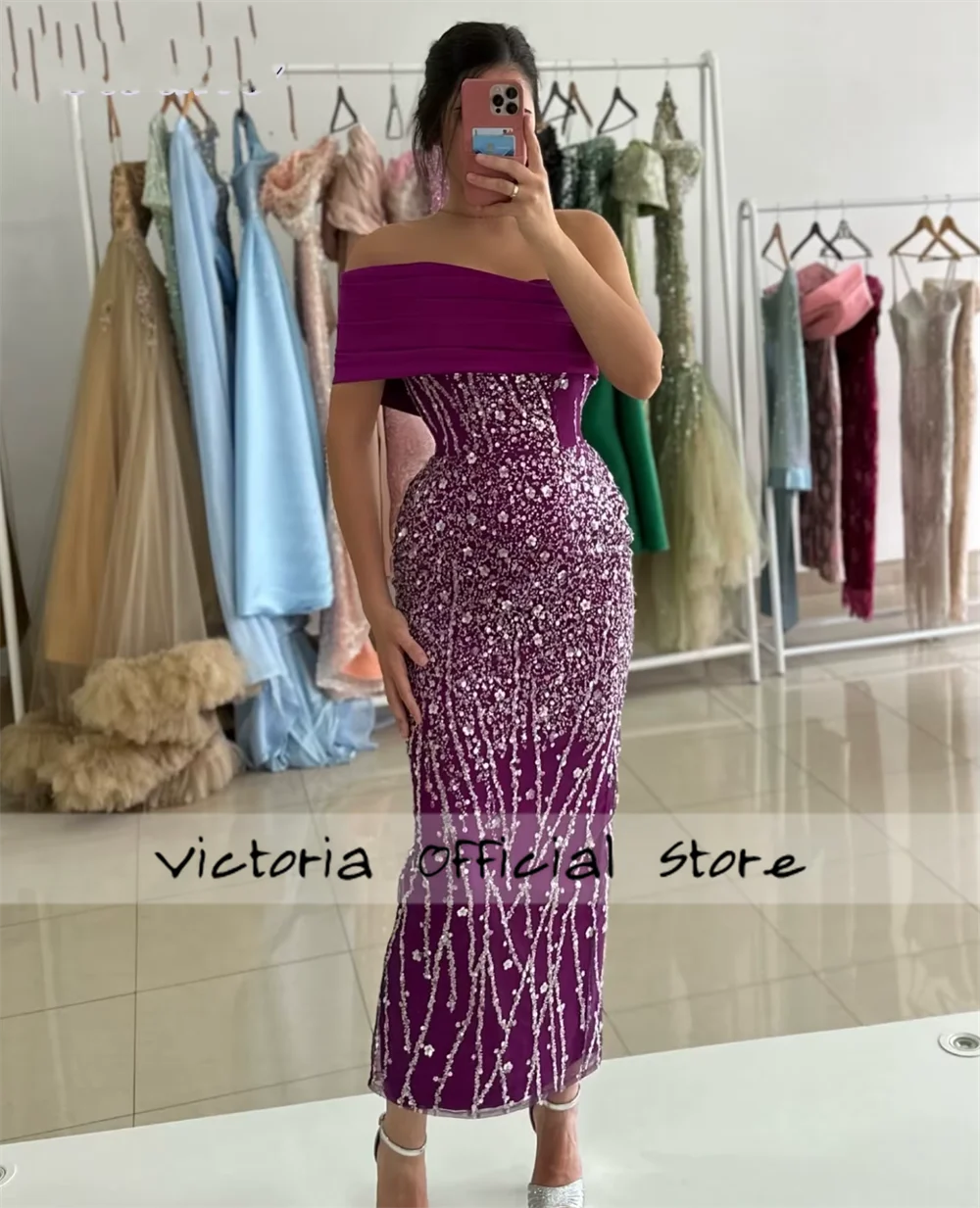 Violet Purple Prom Dresses Dubai Arabic Beaded Off the Shoulder Column Diamond Long Party Dress Vestidos De Fiesta Customized