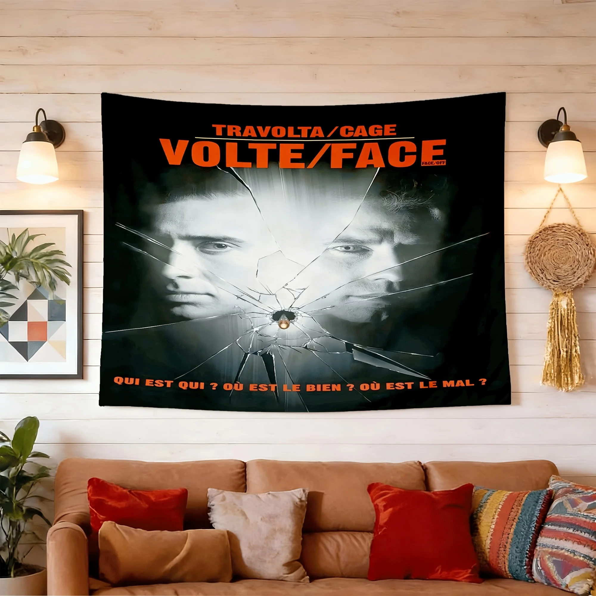Face Off Movie Poster Peach Skin Velvet Wall Tapestry | Ideal for Living Room, Bedroom, Office, Home Decor, University Dorm, Party Decoration, Live Streaming Backdrop, Polyester,