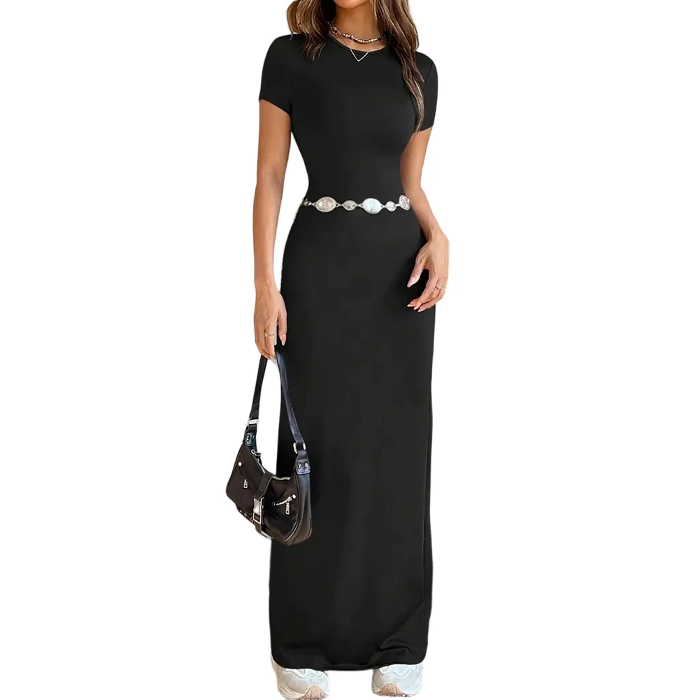 Elastisches, schmal geschnittenes, langes T-Shirt-Kleid für Damen mit Rundhalsausschnitt und kurzen Ärmeln, geeignet für den Alltag und besondere Anlässe.