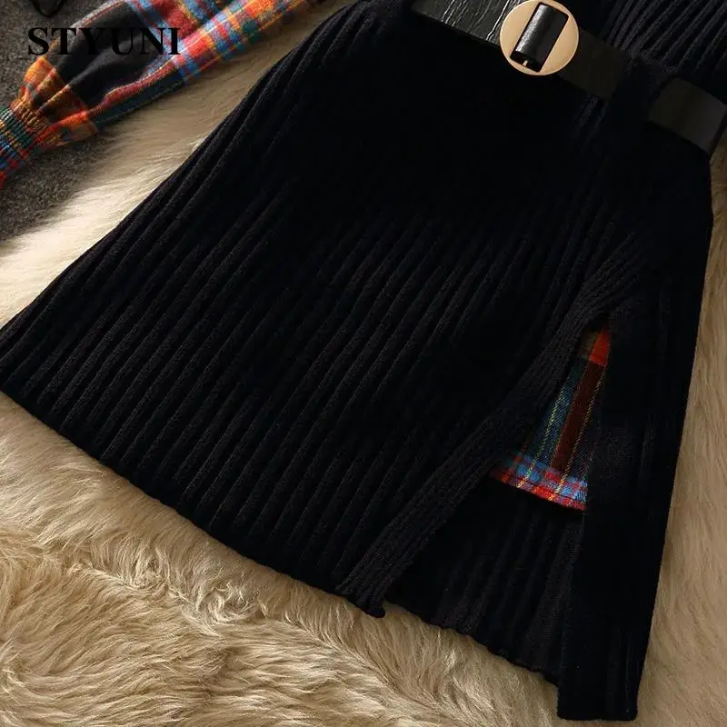 Plaid Flare Sleeve Single Breasted Blouse Shirt Knitted Pullover Vest Women\'s Dress Sets Korean Fashion Short Suit Two Piece Set