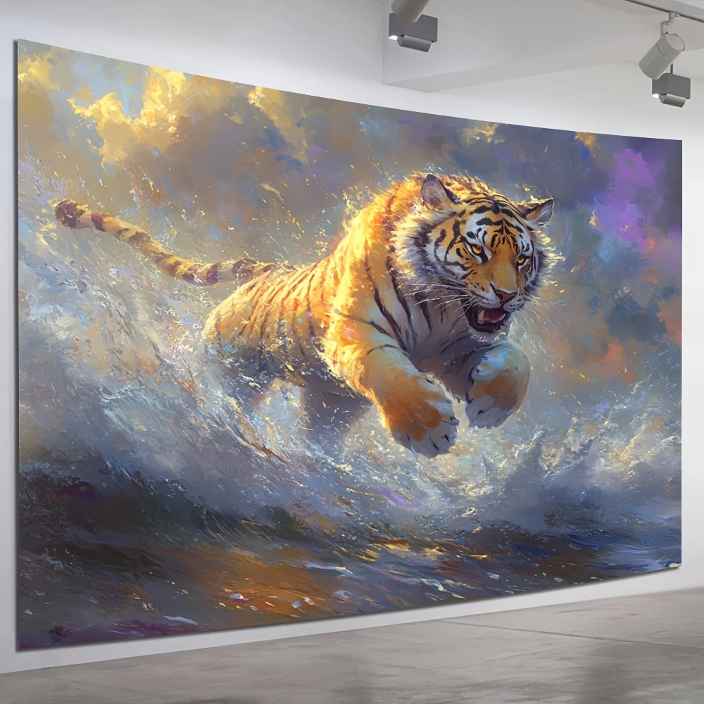 Dramatic Tiger Leaping Through Waves Tapestry - Perfect for Adding Bold and Dynamic Style to Any Room Decor, Ideal for Home Use