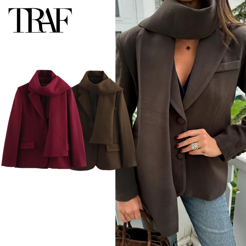 TRAF Women's Blazers 2024 Autumn Winter Scarf Wool&Blends Large Size Blazer Coat Ladies Fashion Red Brown Long Sleeve Outerwears