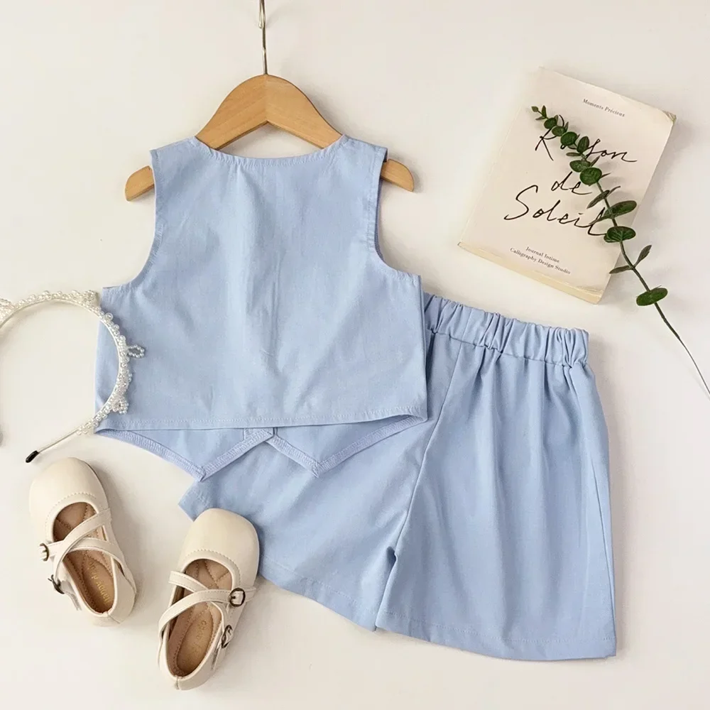 Summer Sleeveless Fashion Children Set Blue Single Breasted Tank Top+Shorts 2Pcs Basic Simple Solid Color Girls Clothes