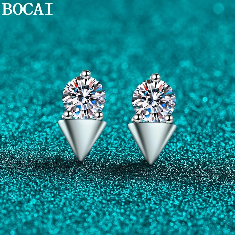 

BOCAI NEW S925 Pure Silver Simple And Compact Inlaid With Moissanite Geometric Earrings Women's Gift