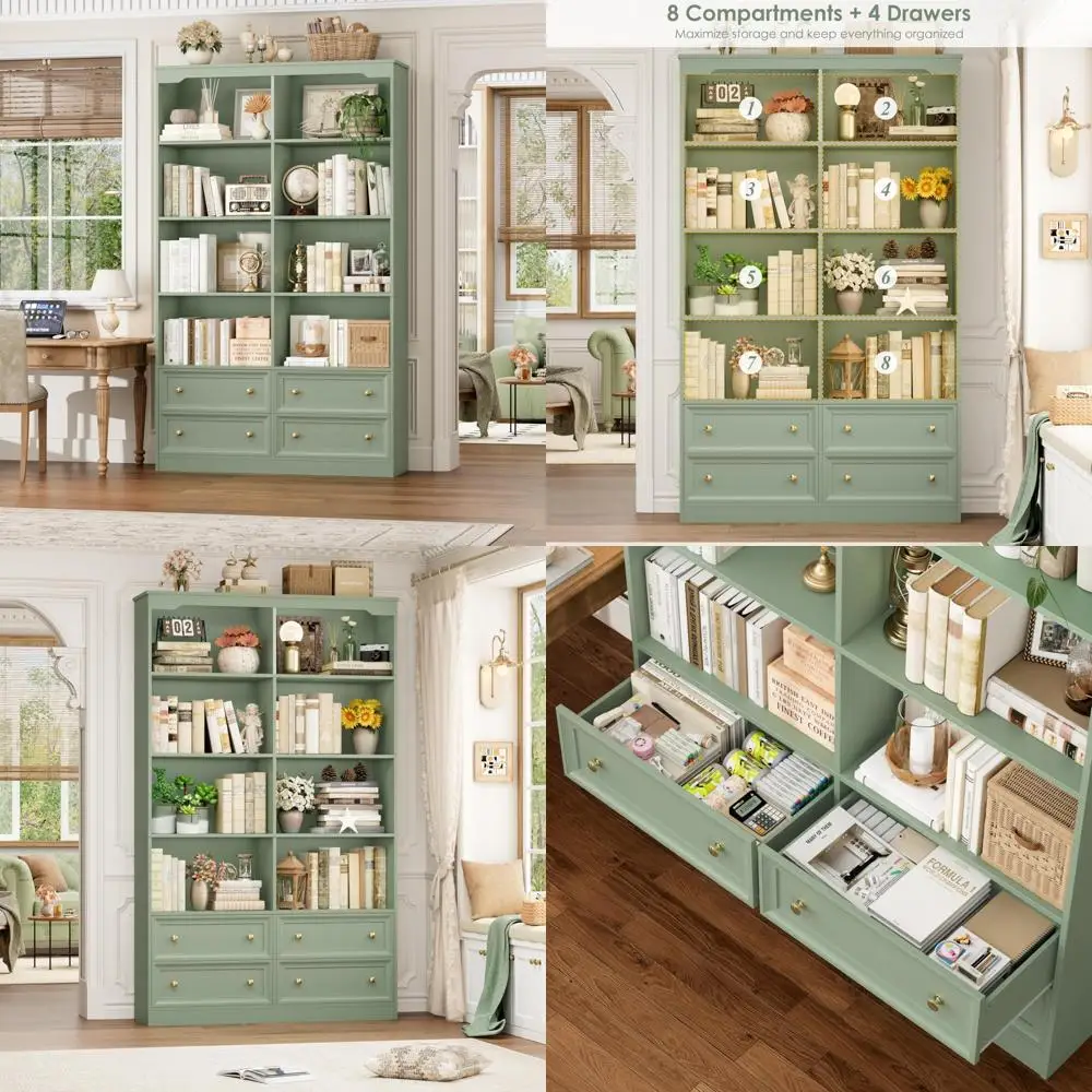 Zielony regał dwukomorowy o wysokości 180 cm, 6 półek i 4 szuflady, duży regał z otwartymi przegródkami na książki i inne rzeczy.