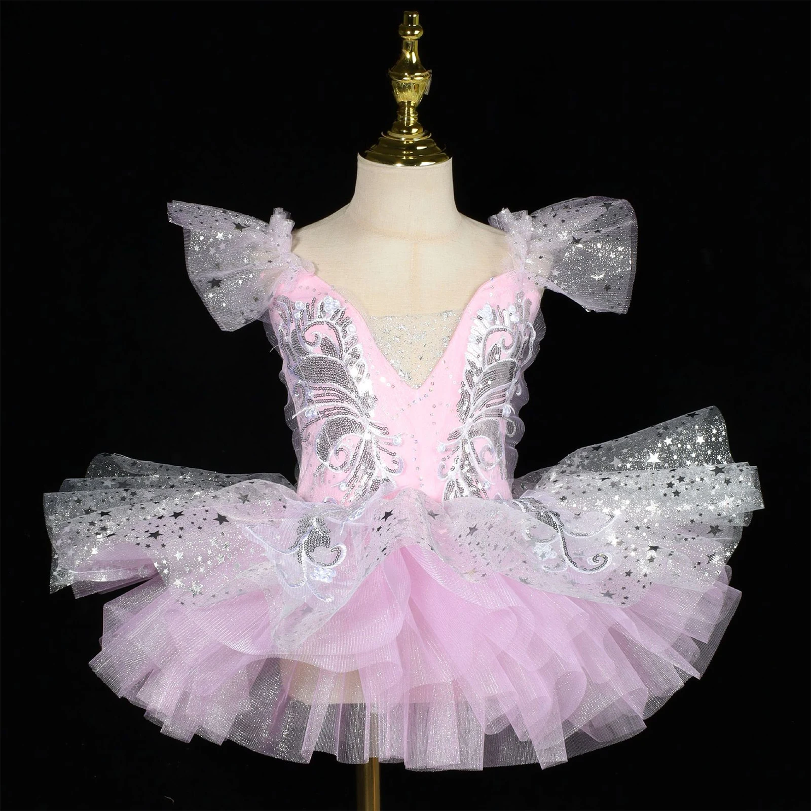 

Girls Ballet Dance Stage Performance Dresses Outfit Kids Ballerina Ruffled Sleeves Shiny Sequin Tulle Tutu Dress with Headwear